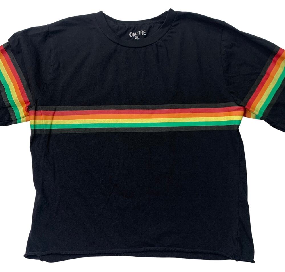 On Fire Womens XL Tee Shirt Rainbow Long Sleeve Cotton Cropped Hem Y2K 2000s